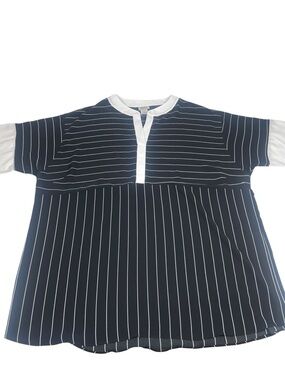Spin USA Women’s 3X Black White Striped Split Neck Blouse Tunic Top